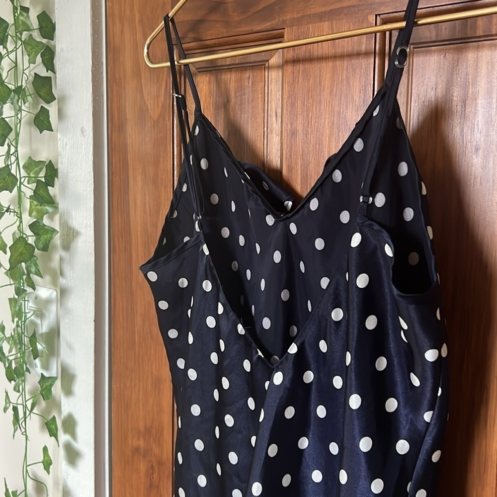 Vintage 90s SATIN Polka Dot Ruffle Low V Back Slip Dress in Navy White | M - Picture 2 of 10